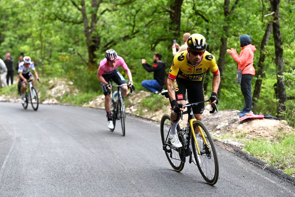 FOSSOMBRONE ITALY MAY 13 Primo Rogli of Slovenia and Team JumboVisma attacks in the in the chase group ahead of Andreas Leknessund of Norway and Team DSM Pink Leader Jersey and Remco Evenepoel of Belgium and Team Soudal Quick Step during the 106th Giro dItalia 2023 Stage 8 a 207km stage from Terni to Fossombrone UCIWT on May 13 2023 in Fossombrone Italy Photo by Tim de WaeleGetty Images