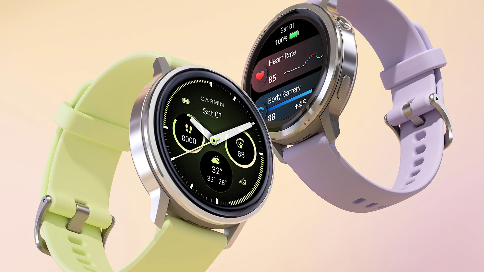 Close-up of the Garmin Venu 4 in silver on a yellow band and on a lilac band