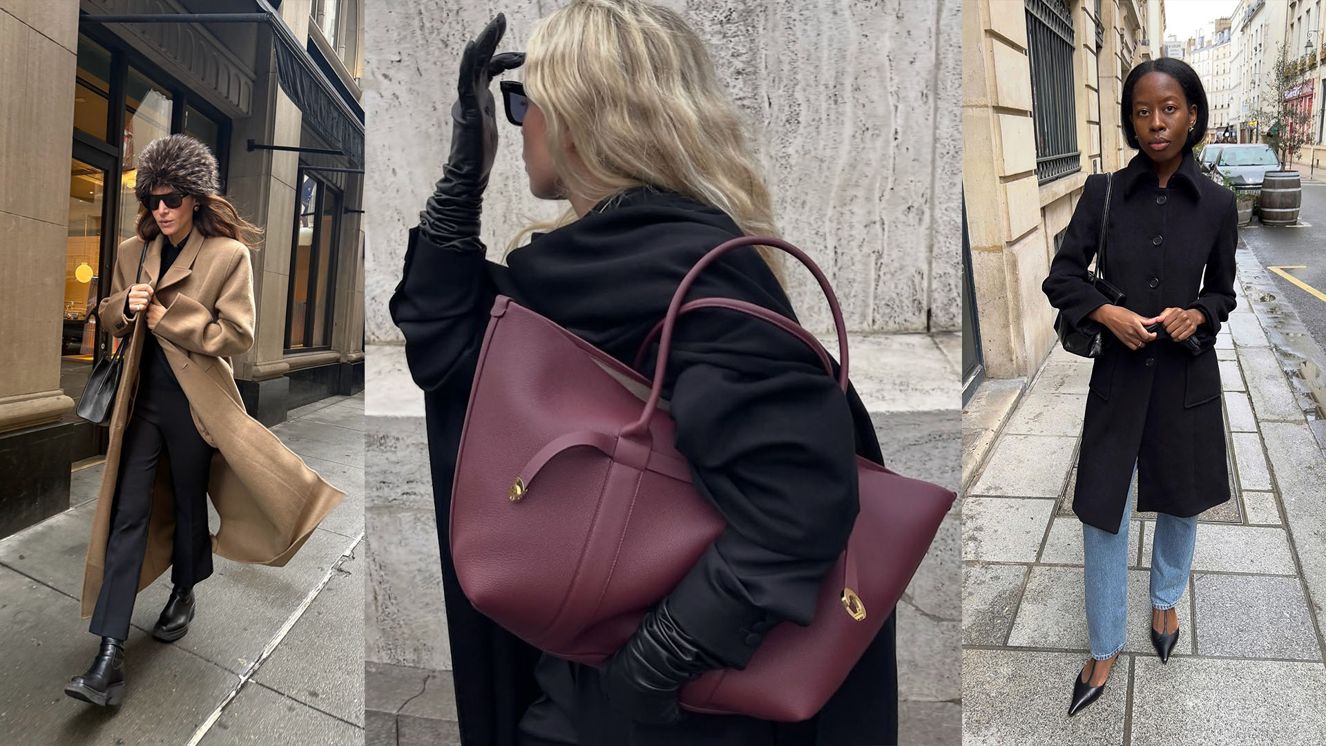 Women wearing coats and shoulder bags.