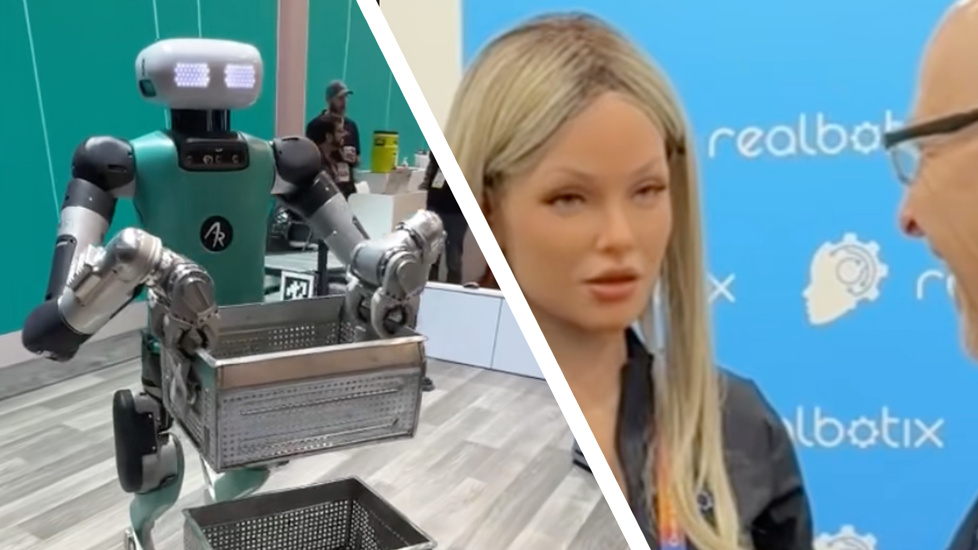 A Digit robot picking up a crate next to a person talking to the Aria robot