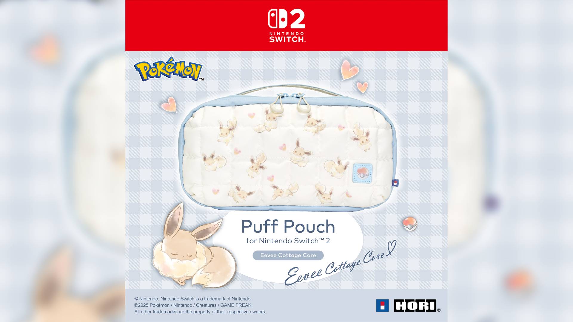 Official promo image of the Hori Eevee Cottage Core Puff Pouch, a beige Switch 2 case covered in lots of images of Eevee.