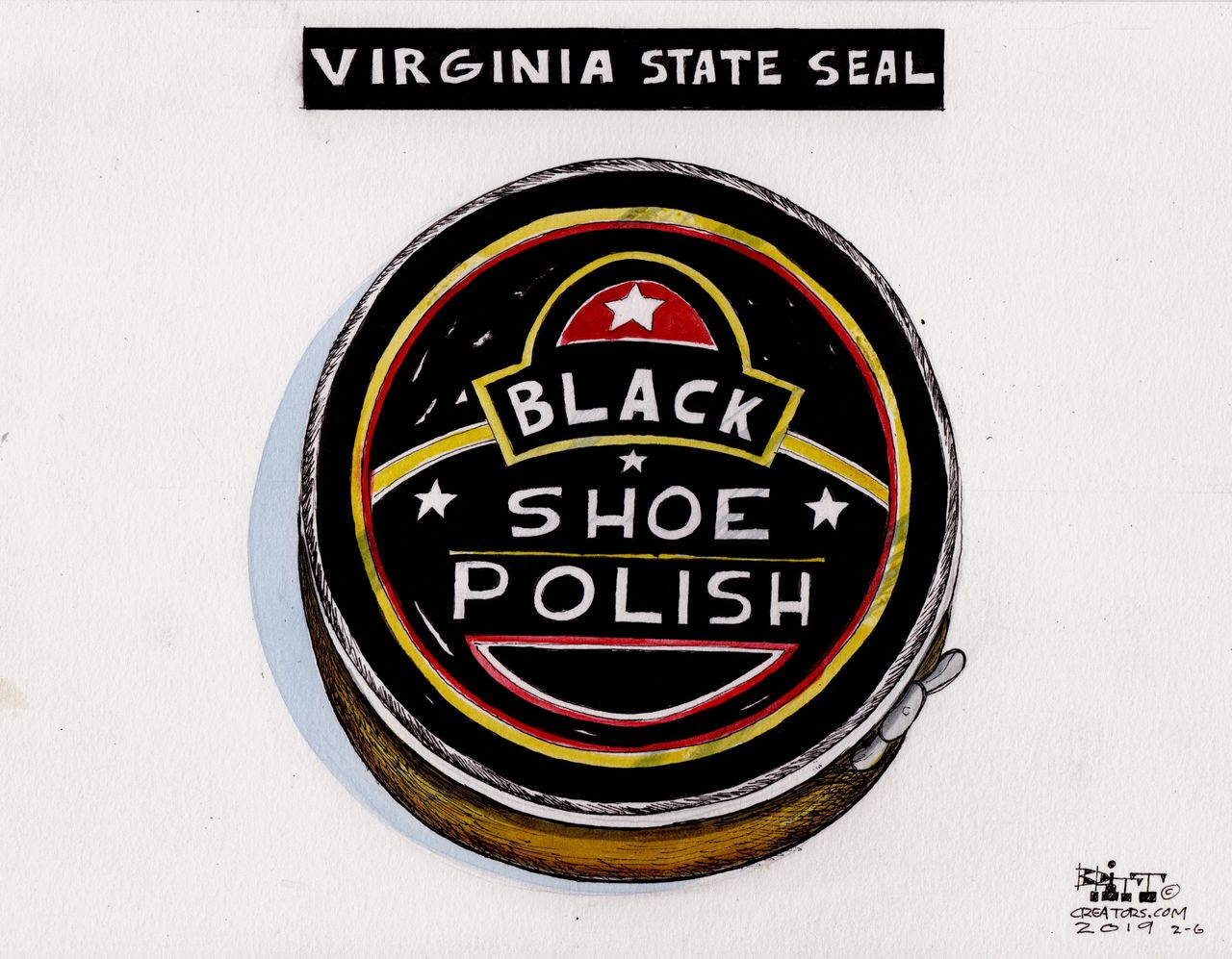 Political Cartoon U.S. Ralph Northam blackface Virginia state seal