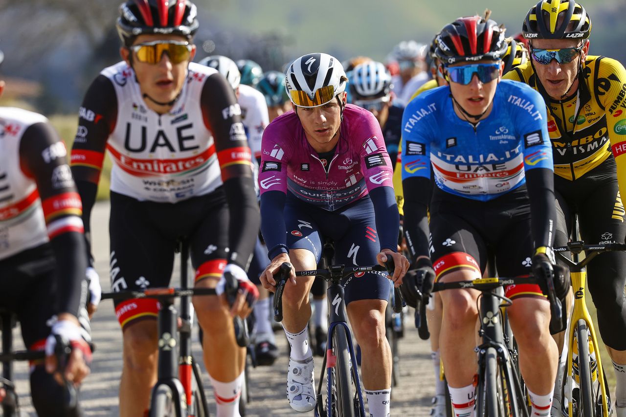 Tirreno Adriatico 2022 57th Edition 6th stage Apecchio Carpegna 215 km 12032022 Remco Evenepoel BEL QuickStep Alpha Vinyl Team Tadej Pogacar SLO UAE Team Emirates photo Luca BettiniSprintCyclingAgency2022
