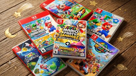 Super Mario games on Switch on wooden table