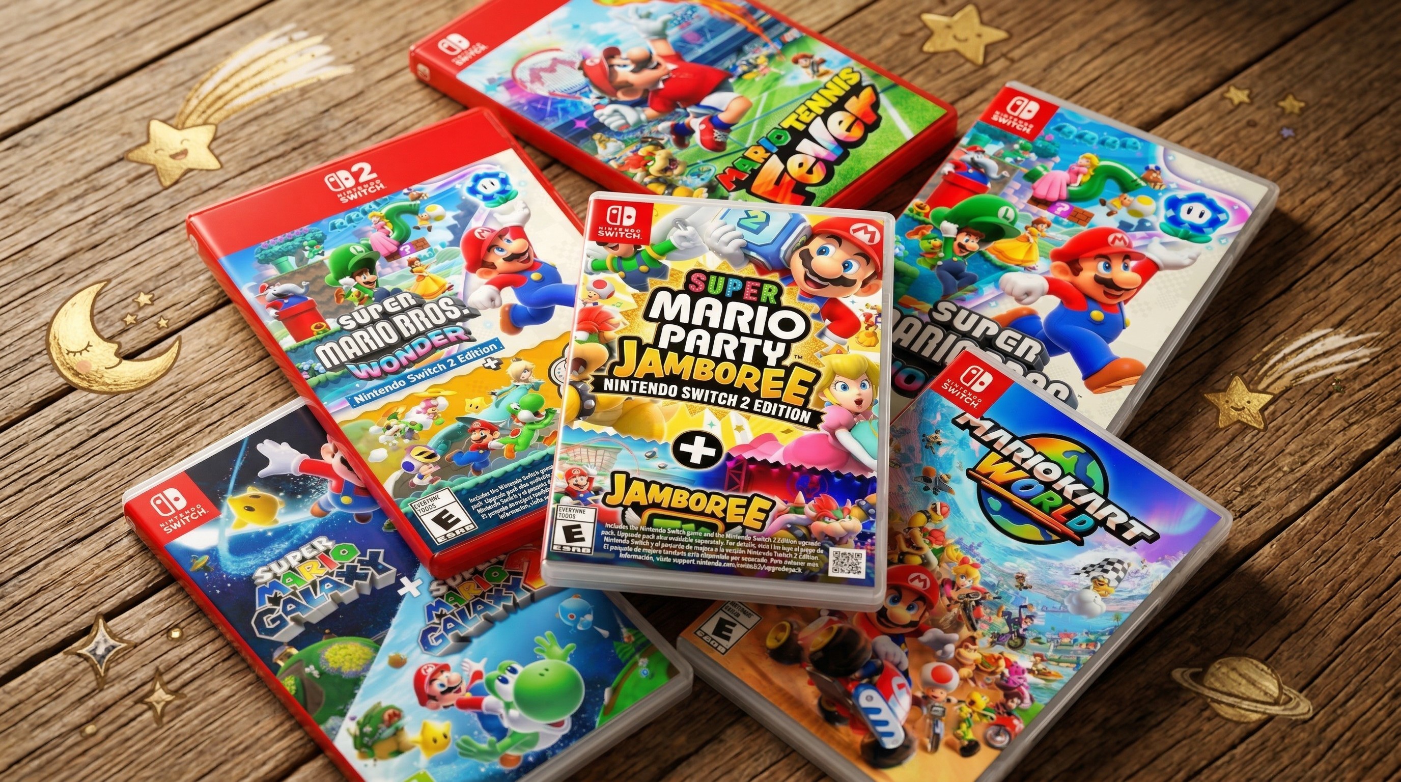 Super Mario games on Switch on wooden table