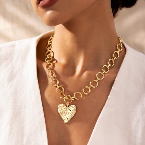 Robaice Chunky Gold Heart Necklace for Women&amp;#65292;14k Gold Plated Hammered Heart Pendant Bold Chain Necklace With Toggle Clasp&amp;#65292;waterproof Non Tarnish Hypoallergenic Chunky Statement Jewelry Gift for Women