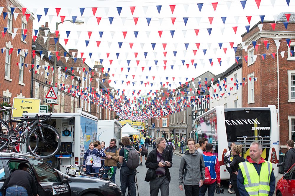 Bunting decorates the main street of Ashbourne, the start of the Aviva Women's Tour 2016 - Stage 3.