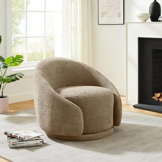 Swivel Barrel Chair, Modern Round Upholstered Accent Chairs, 360° Swivel Single Sofa Armchair for Living Room and Bedroom, Camel Buckle