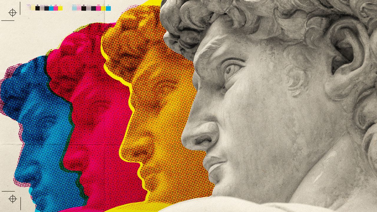 Photo collage of Michelangelo&#039;s David, closely cropped on his face. In the background, pop-art style repeats of his face in bight colours stretch out into the distance. 