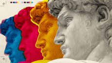 Photo collage of Michaelangelo's David, closely cropped on his face. In the background, pop-art style repeats of his face in bight colours stretch out into the distance. 