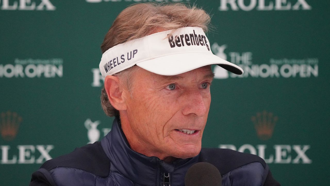 Bernhard Langer talks to the media before the 2023 Senior Open