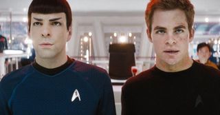 (L to R) Zachary Quinto as Spock and Chris Pine as Kirk in Star Trek, one of the best Netflix sci-fi movies