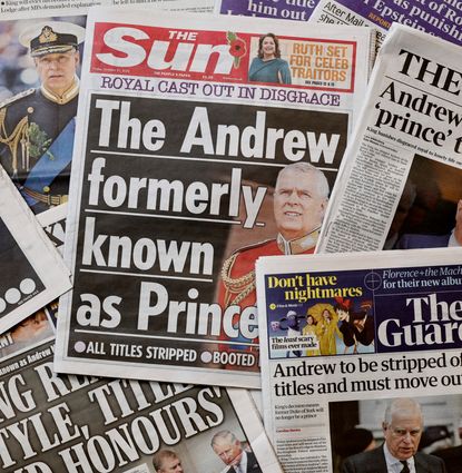 Newspapers with headlines about Prince Andrew's prince title removed