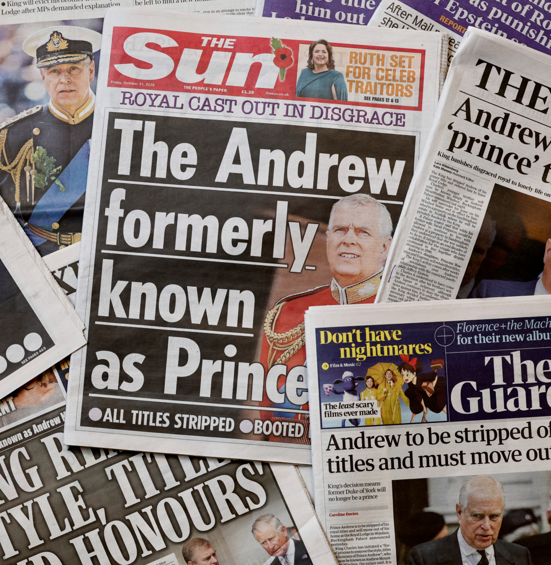 Newspapers with headlines about Prince Andrew's prince title removed