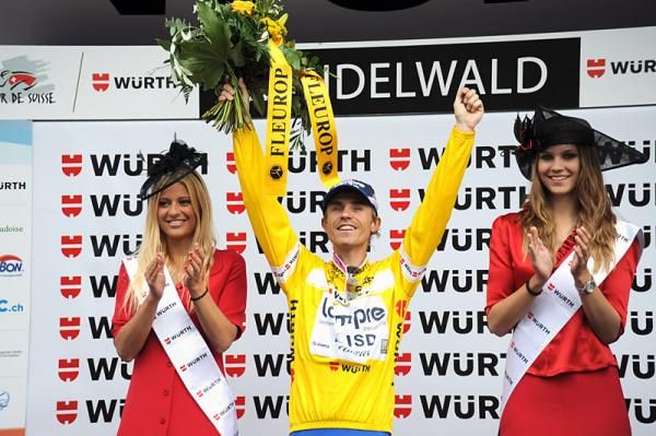 An elated Damiano Cunego takes over the overall lead at the Tour de Suisse.