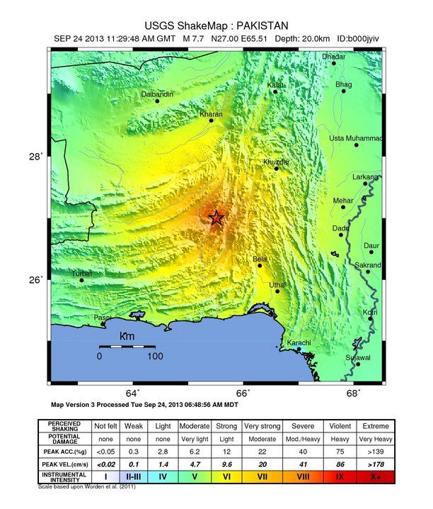 Shaking intensity map for Pakistan earthquake