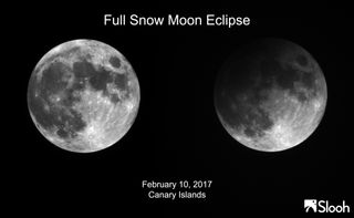 A labeled comparison view of the Snow Moon penumbral lunar eclipse captured by the Slooh Community Observatory on Feb. 10, 2017 during the relatively minor eclipse. The image was taken by a Slooh.com telescope in Spain's Canary Islands.