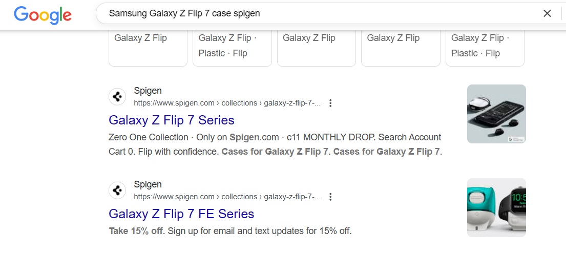 A screenshot of Spigen's early case listings in Google Search for the Galaxy Z Flip 7 and the seemingly confirmed Galaxy Z Flip 7 FE.