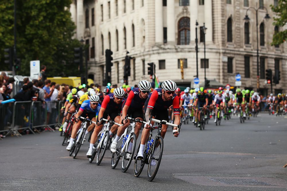 Bradley Wiggins leads his team during the final stage of the 2015 Tour of Britain in London.
