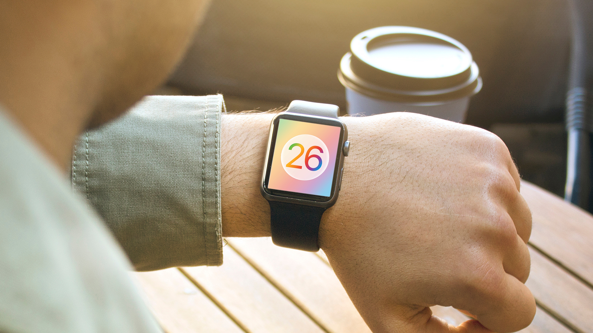A render of the watchOS 26 logo on an Apple Watch.