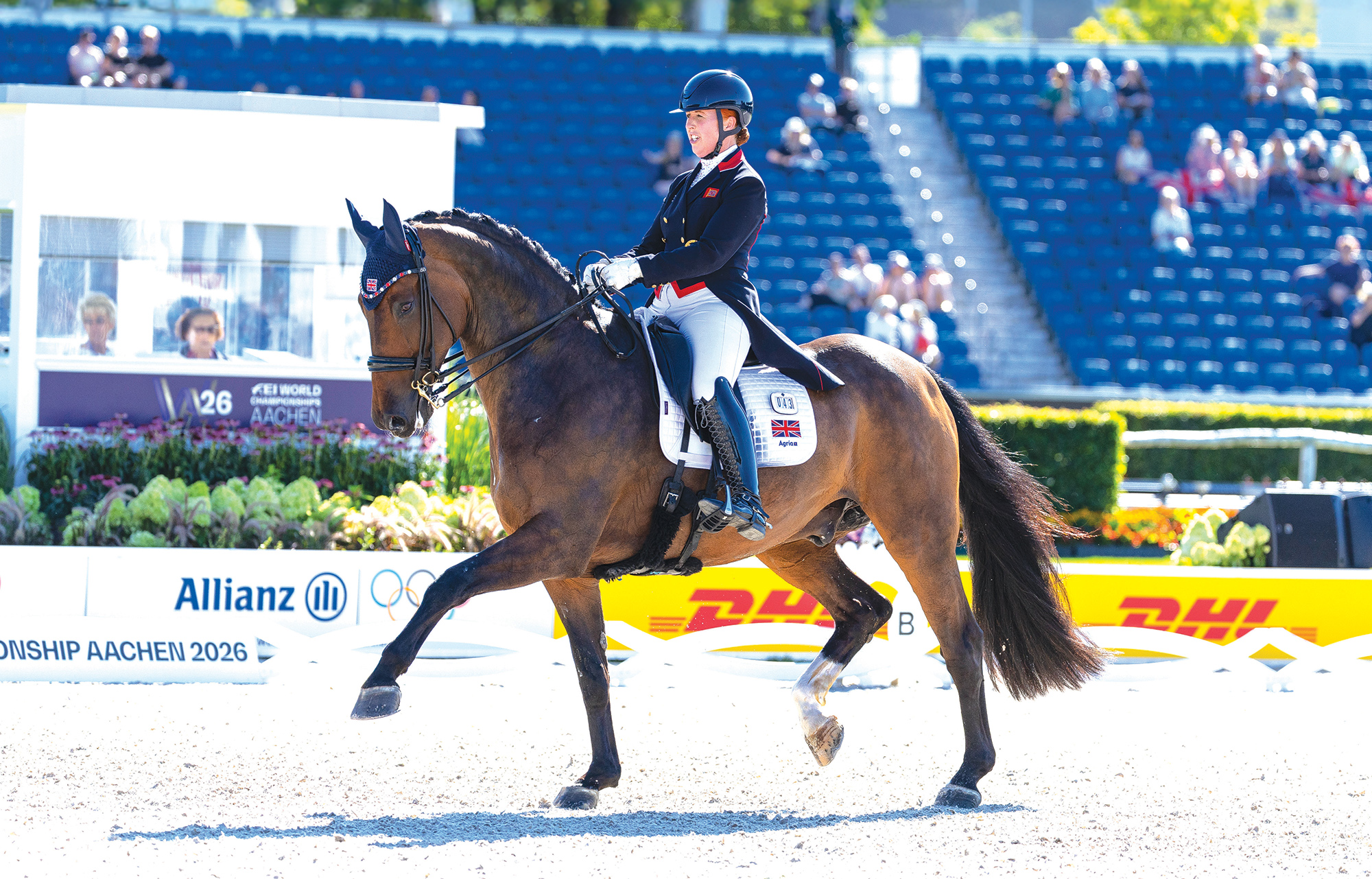 Becky Moody riding Jagerbomb in trot at the FEI Dressage World Championship in Aachen 2026