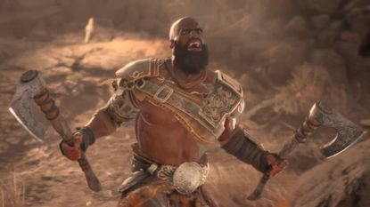 Diablo 4 Barbarian trailer screenshot shows a man wielding two axes shouting.