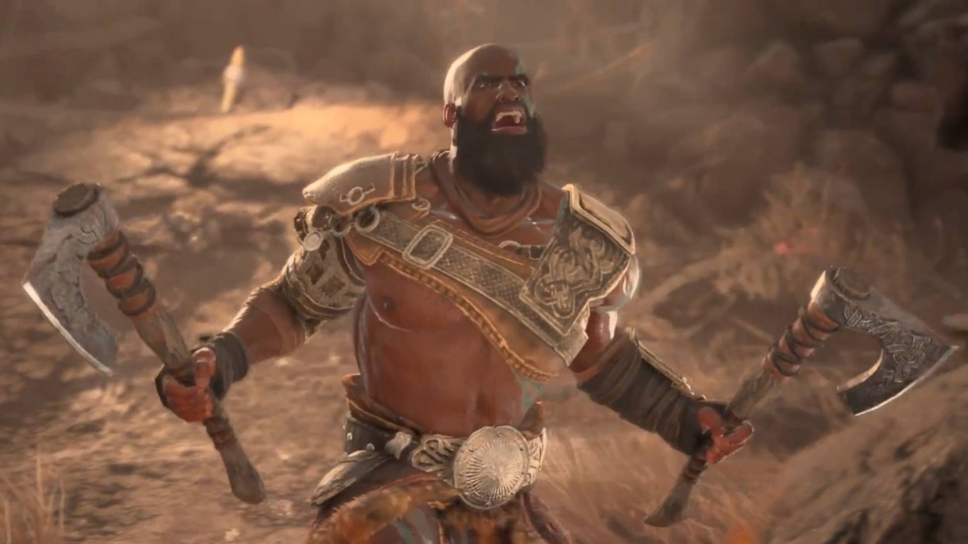 Diablo 4 Barbarian trailer screenshot shows a man wielding two axes shouting.