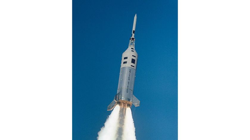 The Little Joe II booster launches an in-flight Apollo abort system test for NASA from the White Sands Missile Range in New Mexico on May 13, 1964.