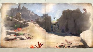 Map clue for treasure in Shatterscarp showing desert area with red plants and a small pool of water.