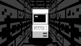 A computer incongruously placed in a dungeon corridor