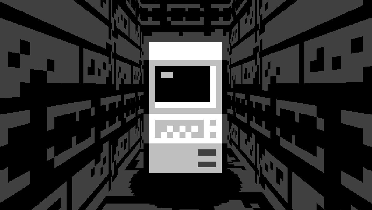 A computer incongruously placed in a dungeon corridor