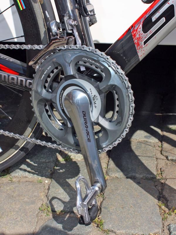Cavendish's Shimano Dura-Ace 7800 crankarms are fitted with a 7900-compatible SRM power measuring spider.