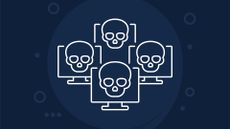 Botnet concept image showing multiple computers with skull symbols on screen.