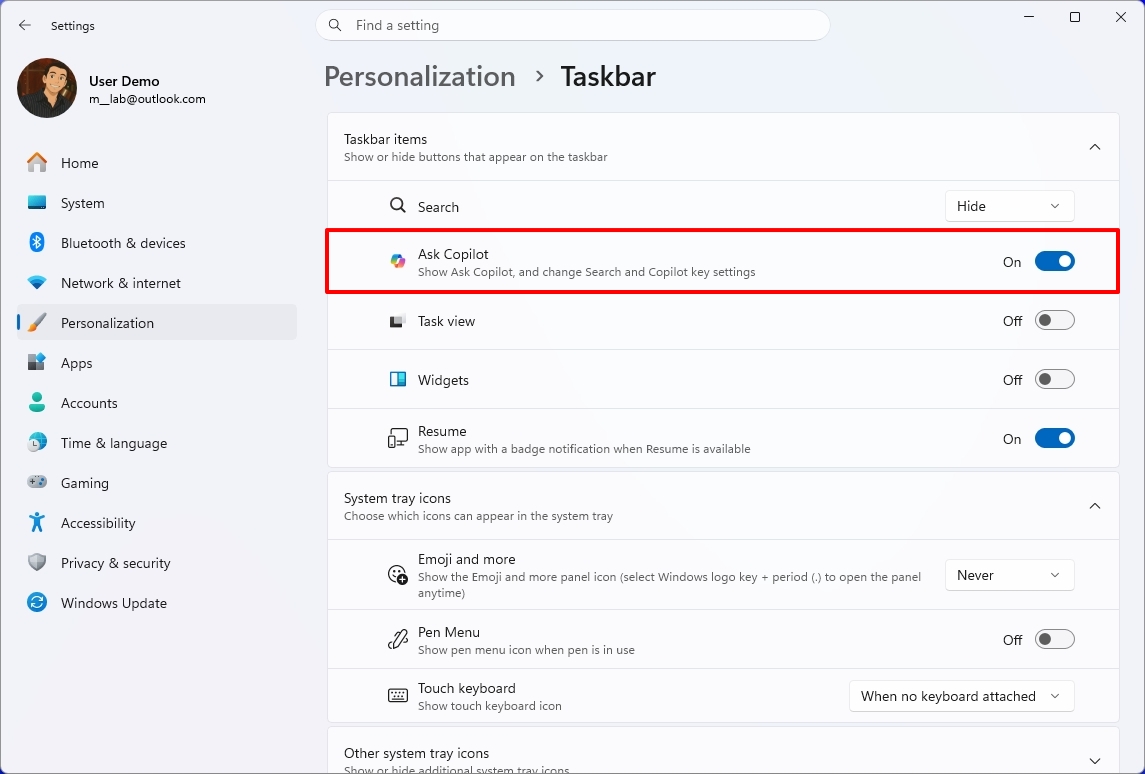 Windows 11 Settings with the Ask Copilot.