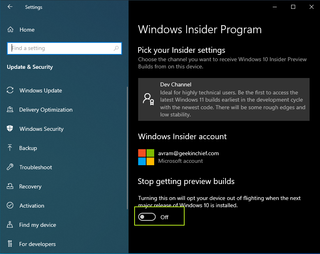 Toggle stop getting preview builds to on