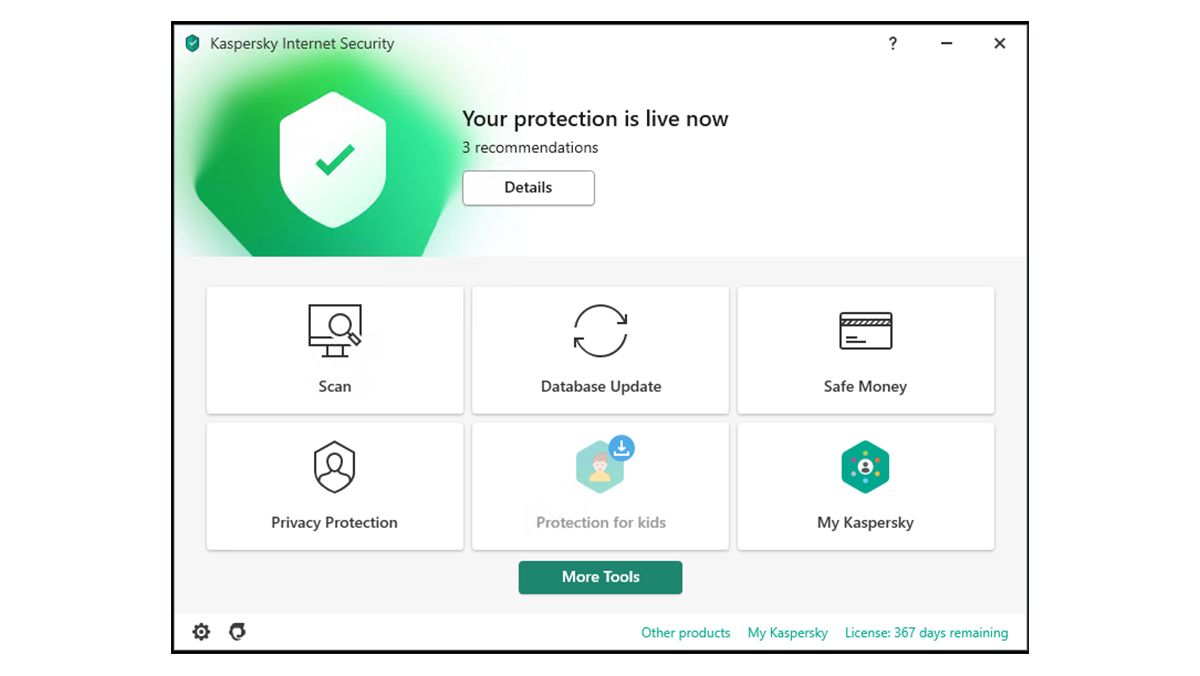 A screenshot of Kaspersky Internet Security&amp;#039;s main dashboard 