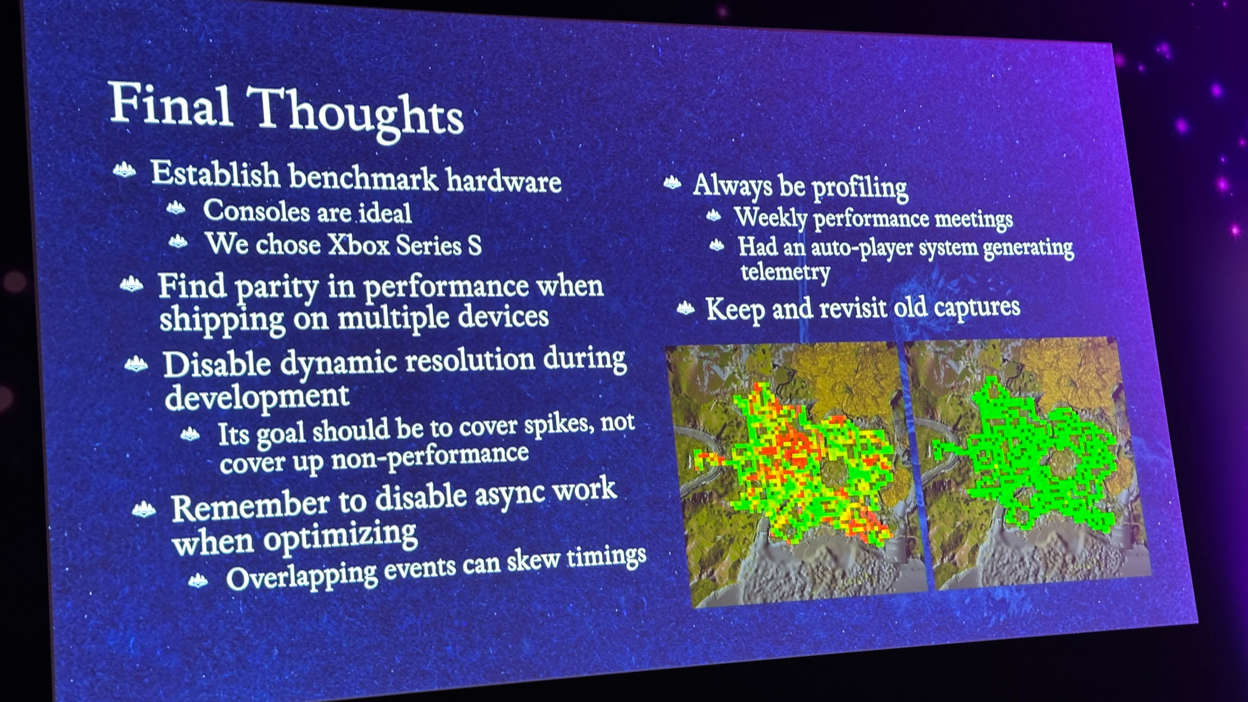 A photo of a presentation slide from Obsidian Entertainment, explaining some of the development aspects of its 2025 game, Avowed
