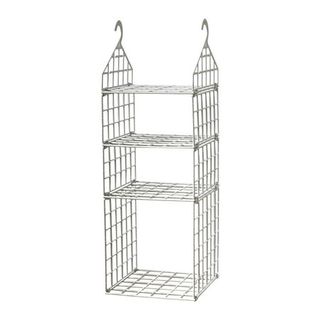 A silver metal Perfk Closet Hanging Organizer with two hooks and 4 tiers