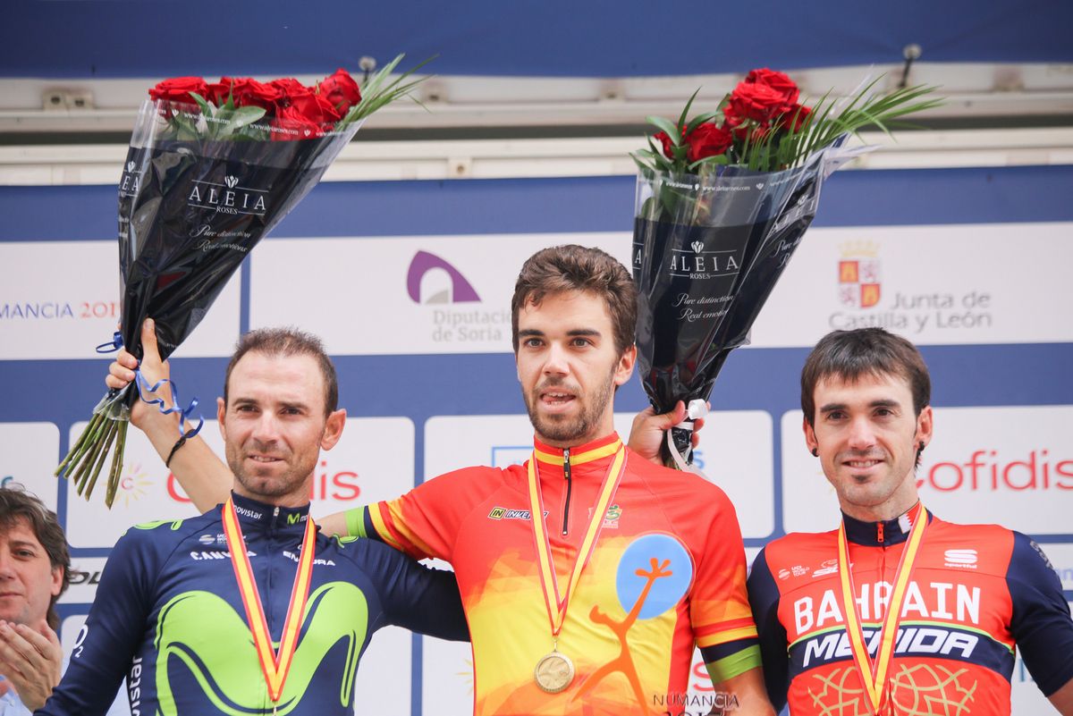 The final podium of the Men&rsquo;s Elite UCI Spanish National Championship Road Race. Left to right: Alejandro Valverde (Movistar Team, silver), Jes&uacute;s Herrada (Movistar Team, gold) and Ion Izagirre (Bahrain-Merida, bronze)