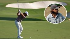 Tommy Fleetwood at the top of his backswing, with a close up of his new clothing