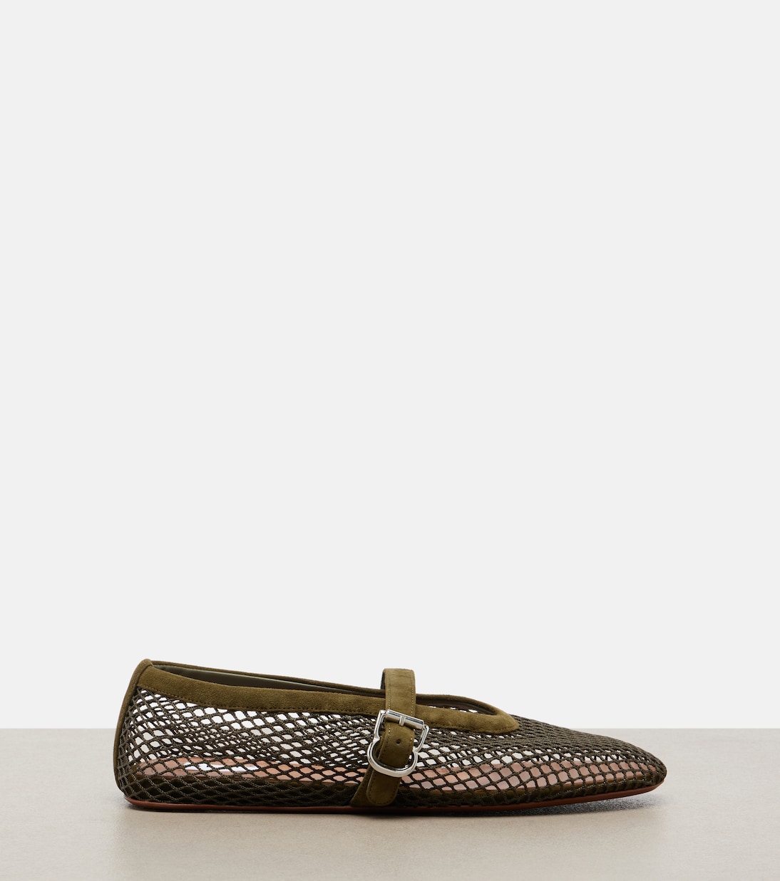 Suede-Trimmed Fishnet Ballet Flats in Green - Alaia