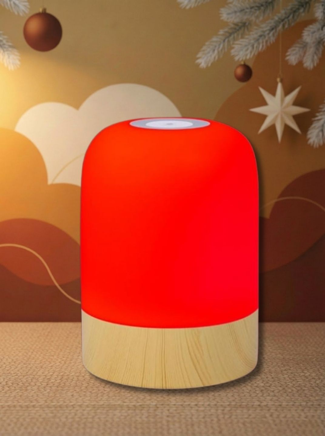 Red light lamp on brown patterned Christmas background