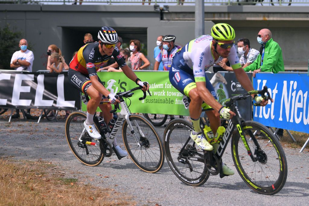 DIEST BELGIUM AUGUST 15 Boy Van Poppel of The Netherlands and Team Circus Wanty Gobert Tim Merlier of Belgium and Team AlpecinFenix Gravel Strokes during the 17th Dwars door het Hageland 2020 a 187km race from Aarschot to Diest DwarsdhHageland DDHH20 on August 15 2020 in Diest Belgium Photo by Luc ClaessenGetty Images