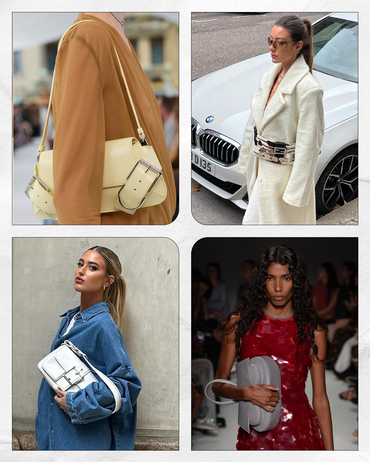 a collage of models and influencers wearing the '90s handbag trend: baguette purses