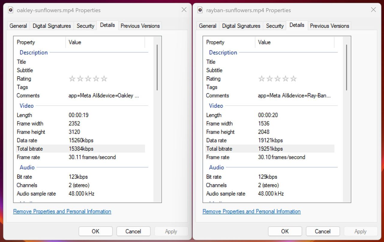 Comparing the resolution and bit rate between Ray-Ban Meta Smart Glasses 1080p video and Oakley Smart Glasses 3K video