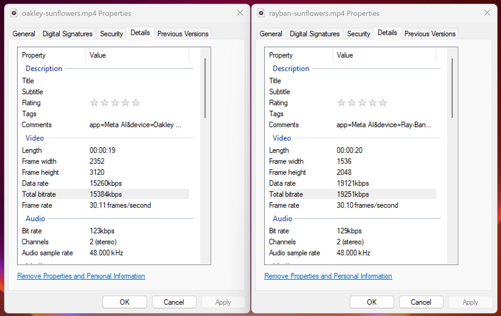Comparing the resolution and bit rate between Ray-Ban Meta Smart Glasses 1080p video and Oakley Smart Glasses 3K video