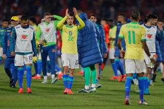 Brazil's forward Gabriel Martinelli (C) celebrates after winning the 2026 FIFA World Cup South American qualifiers football match between Chile and Brazil, at the National stadium in Santiago, on October 10, 2024. (Photo by Javier TORRES / AFP) (Photo by JAVIER TORRES/AFP via Getty Images) Arsenal