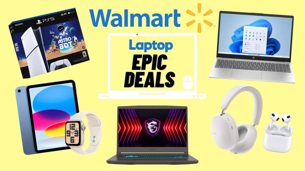 Sony PS5 Slim AstroBot Bundle, iPad 10, Apple Watch Series 10, MSI Thin gaming laptop, HP laptop 15, Sono Ace, AirPods 3 against yellow background with Walmart logo and epic deals sticker