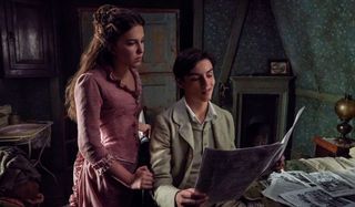Enola Holmes and Lord Tewkesbury, played by Millie Bobby Brown and Louis Partridge