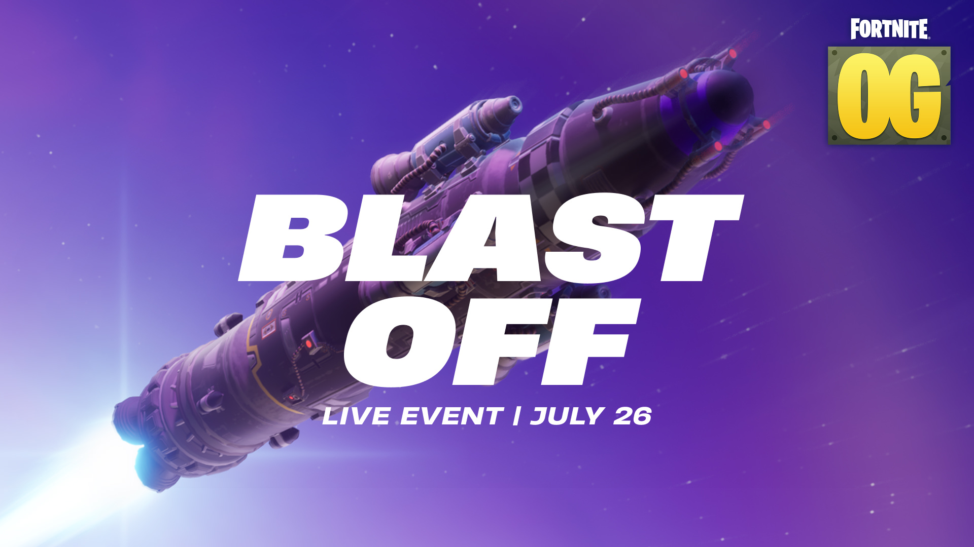 The Fortnite OG rocket ship against a purple space background. The words: 